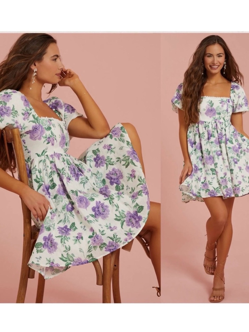 Altar’d State Floral Cottagecore Baby Doll Mini Dress SZ S Purple Wht Coquette